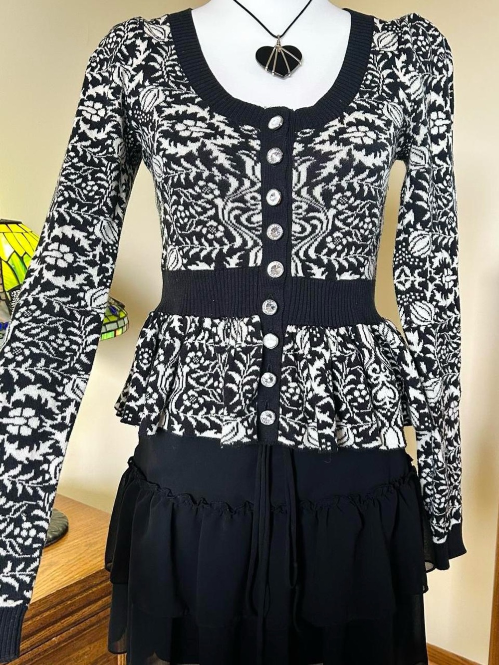 Vintage Y2K Betsey Johnson black & white floral and leaf pattern cardigan